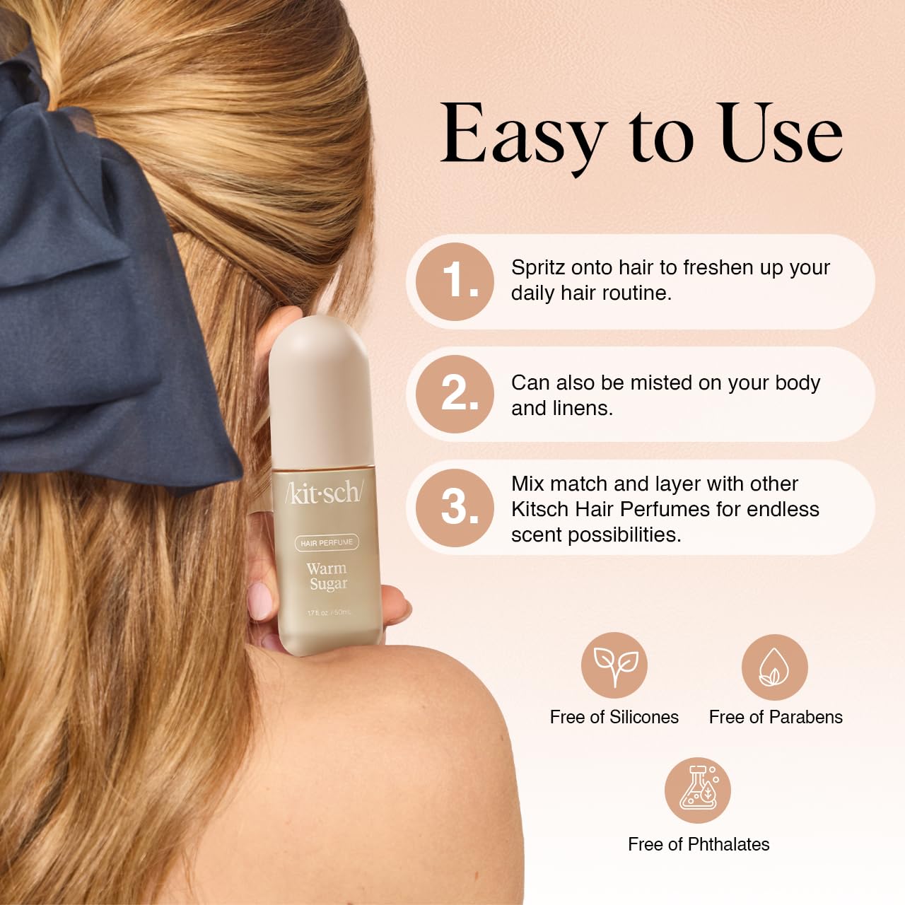 Kitsch Warm Sugar Hair Perfume For Women - Clean, Deodorizing, and Patented Odor-Eliminating Technology, Body Mist - Freshen Hair, Body & Pillows - Sweet Pink Grapefruit & Warm Vanilla Scent - 50ml 24Hr Smart